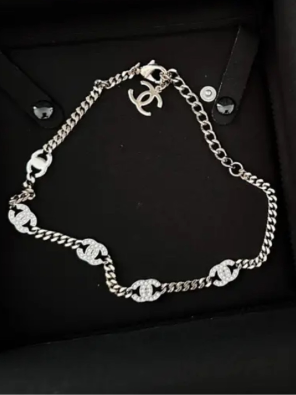 CHANEL Silver Crystal CC Link Necklace